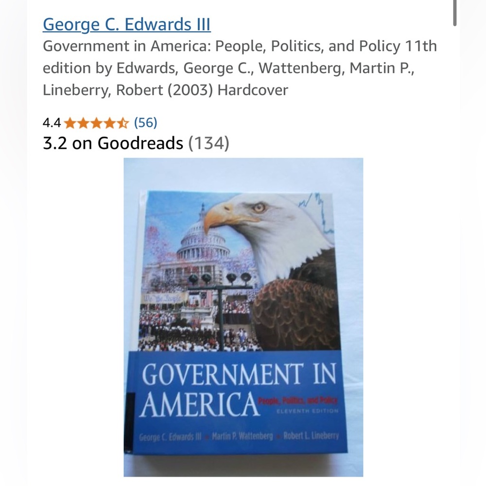 Government in America: People, Politics, & Policy 11th ed Edwards 2004 Hardcover
